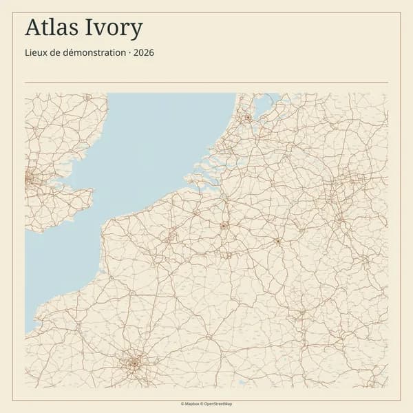 Demo map of Brussels, Paris and Amsterdam in the Atlas Ivory theme