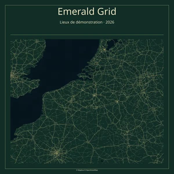 Demo map of Brussels, Paris and Amsterdam in the Emerald Grid theme