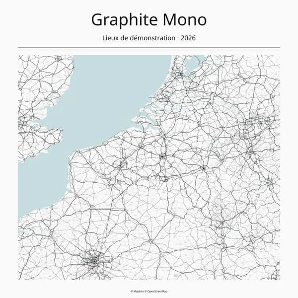Demo map of Brussels, Paris and Amsterdam in the Graphite Mono theme