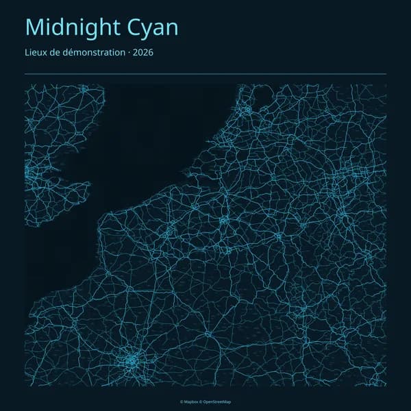 Demo map of Brussels, Paris and Amsterdam in the Midnight Cyan theme